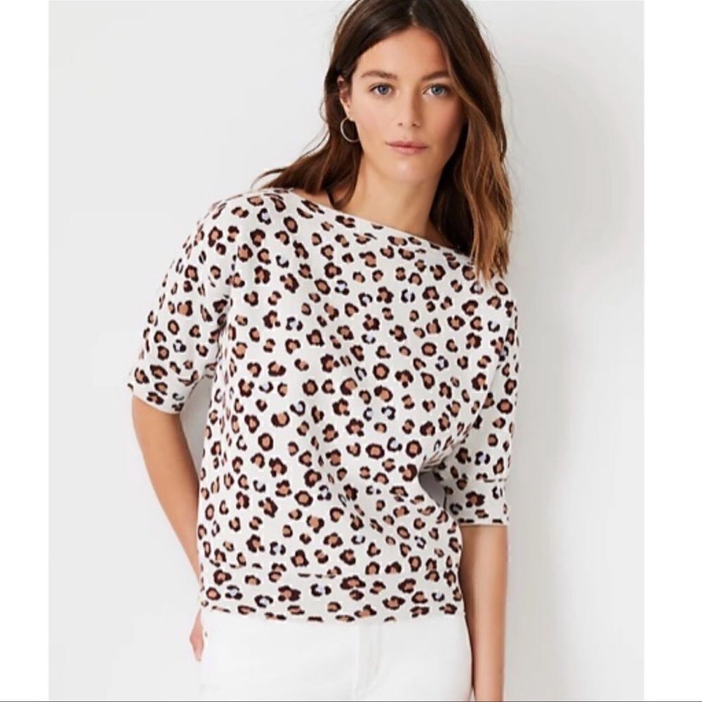 Ann Taylor Leopard print short  sleeve sweater shirt size S boat neckline